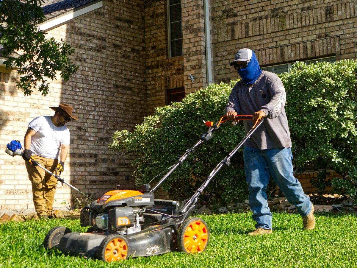 A two-person crew mowing and trimming a lawn