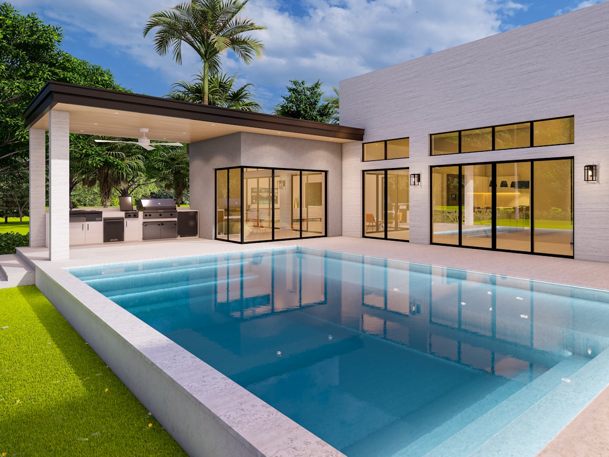 A modern home with a newly built backyard pool